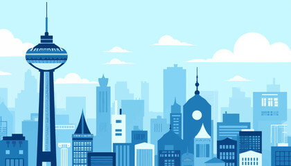 Fototapeta premium Blue Monochromatic Cityscape with Tower