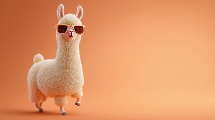 A fluffy 3D llama wearing sunglasses walking with style, on a vibrant orange background