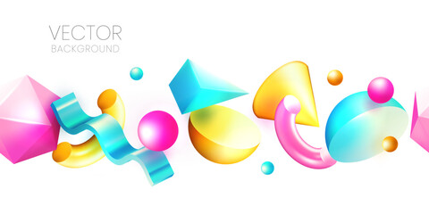 Seamless horizontal background with 3d geometric shapes. Abstract design for banner, poster. Vector illustration