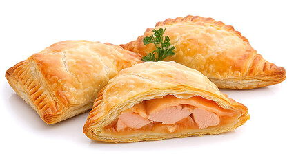 Golden brown salmon puffs puff pastry delicious food isolated on white background culinary treat appetizing
