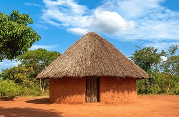 Round hut, thatched roof, clay walls, African village.