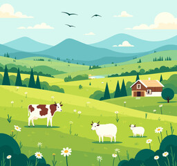 Cartoon Farm Landscape with Cow, Sheep, and Birds