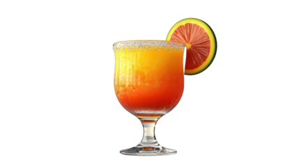A vibrant orange and yellow layered drink in a stemmed glass, garnished with a citrus slice.