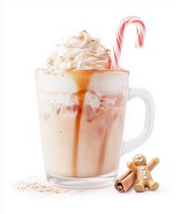 Delicious coffee based cocktail with whipped cream, cinnamon and caramel syrup and ginger man inside and Christmas decorations, banner with copy space. For blog, poster, background, cookbook cover