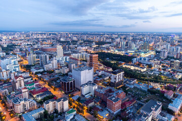 Evening panorama of the modern city of Yekaterinburg on the banks of the Iset river
