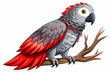 vector of African gray parrot with striking red tail feathers sitting peacefully on a branch isolated on white.