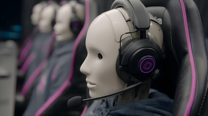 service hub with humanoid robots assisting clients in a sleek tech environment