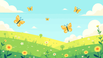 Cartoon Meadow with Butterflies and Flowers