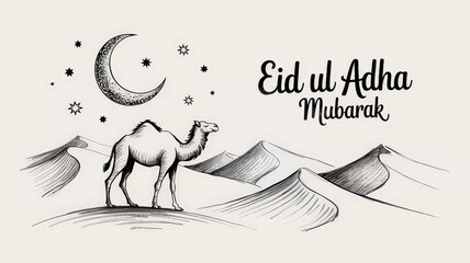 Eid ul Adha Mubarak Camel Desert Night Sky Stars Moon Greeting Card Design