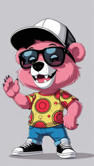 Naklejka premium Cheerful pink cartoon bear wearing sunglasses, a cap, and casual outfit waving on a gray background