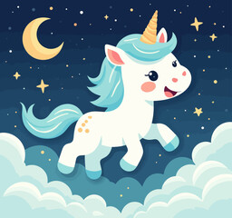 Fototapeta premium Cartoon Unicorn Flying in Starry Night Sky Over Clouds