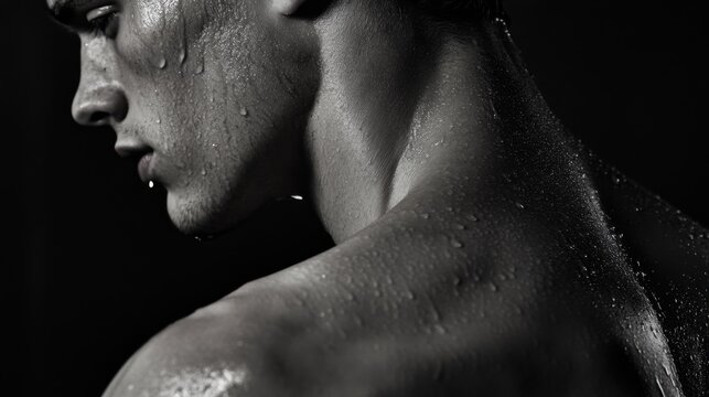 Model with wet skin lit dramatically