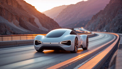 Obraz premium A white futuristic car driving on a winding mountain road at sunset, creating a dynamic image.