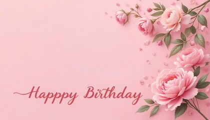 Happy Birthday Pink Floral Greeting Card with Peonies and Leaves