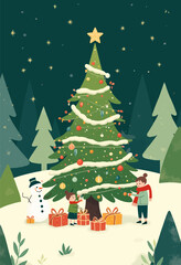 Children Decorating Christmas Tree with Snowman and Gifts