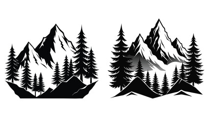 Obraz premium High Mountains and Evergreen Trees Silhouette Monochrome Nature Scenery black silhouette on white background. set of vector illustration of a pine tree with mountain