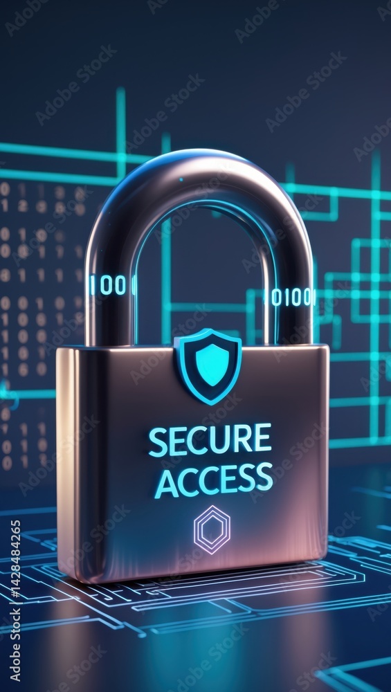 Poster metallic padlock with glowing text 