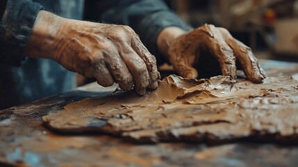 Crafting earth, a potter's hands shaping clay with earthy texture, studio scene