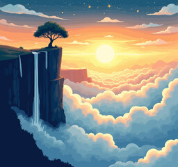 Cliffside Tree and Waterfall Above Clouds at Sunset