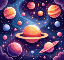 Fototapeta premium Colorful cartoon planets in a starry galaxy background