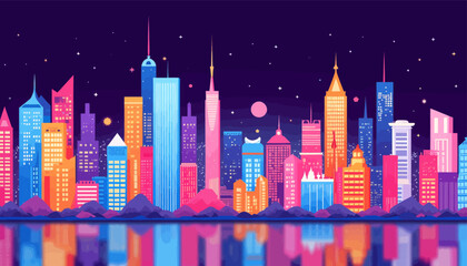 Naklejka premium Colorful City Skyline at Night with Water Reflection