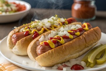 Closeup of sizzling hot dogs on a plate, classic summertime treat
