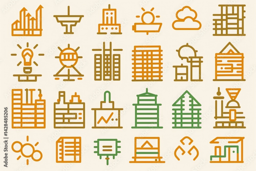Poster a collection of simple line icons representing various buildings, structures, and urban elements in 