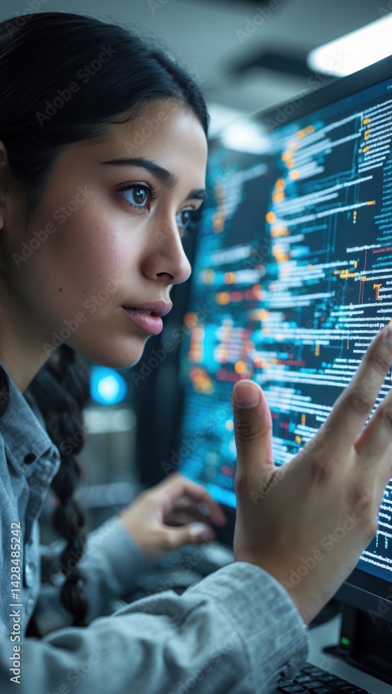 Poster focused young woman analyzing complex programming code on a computer screen in a modern office envir