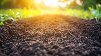 Close-up of healthy soil with visible texture, gardening concept, natural sunlight from above, f/5.6, blurred green background, raw style.