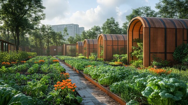 Urban farming thrives with vertical gardens and lush greenery, highlighting sustainability efforts in a future focused city. Bright flowers complement fresh produce in a serene environment.