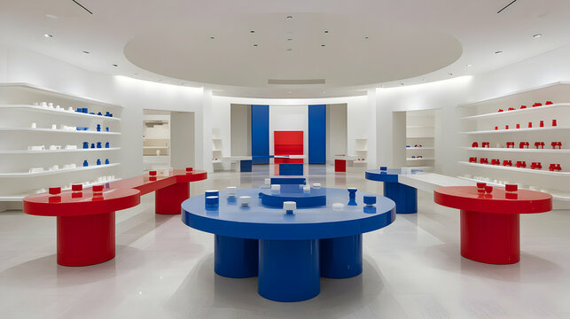 De Stijl design with floating shelves, white walls, and red-blue furnishings
