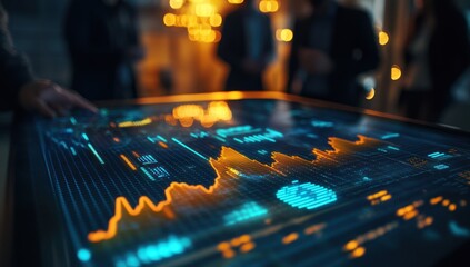 People working with a futuristic interactive display showing data and charts.