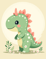 Obraz premium Cute Green Spotted Cartoon Stegosaurus with Flowers