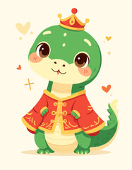 Fototapeta premium Cute Green Dinosaur Prince with Crown and Red Robe