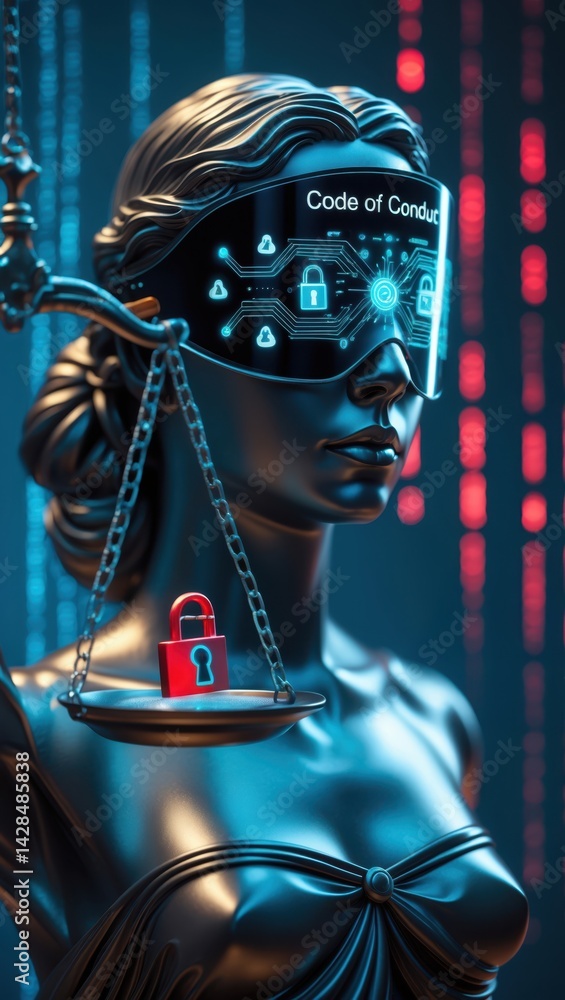 Poster futuristic lady justice with vr visor displaying 