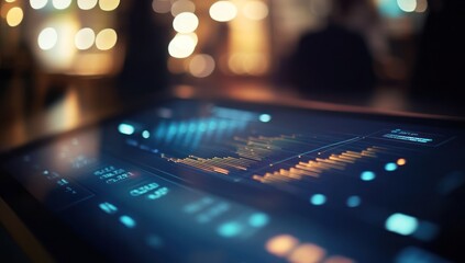 Tablet displaying data charts with blurred background in a dark indoor setting.