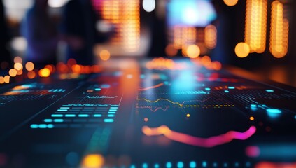 Abstract digital display with data visualization elements glowing in blue orange and green.