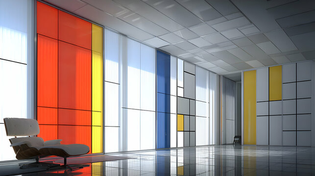 interior with bold red, blue, yellow, black, and white geometric panels in De Stijl style