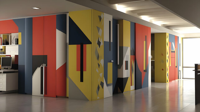 interior with bold red, blue, yellow, black, and white geometric panels in De Stijl style