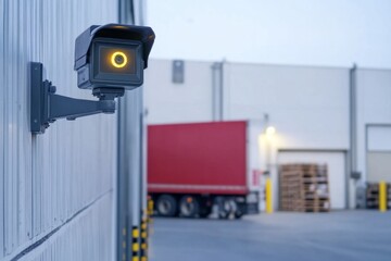 Security camera mounted on warehouse wall, overlooking a loading dock