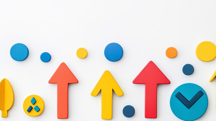 Abstract business concept with geometric shapes and arrows on clean white background, professional studio lighting, f/8.0, modern corporate style.