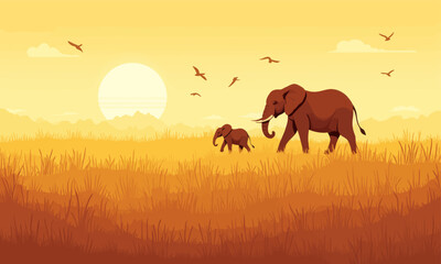 Fototapeta premium Elephant Family Walking Through Tall Grass at Sunset