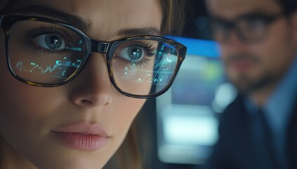 Woman wearing glasses with data reflected on lenses man in background.