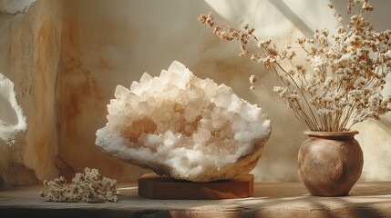 A beautiful, clear quartz crystal cluster sits on a wooden stand, illuminated by natural light, alongside dried flowers in a terracotta vase