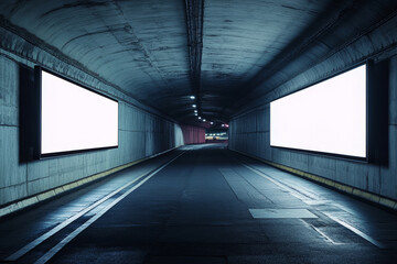 Blank billboard screen in futuristic tunnel with moody blue lighting, ideal for advertising or digital content mockup