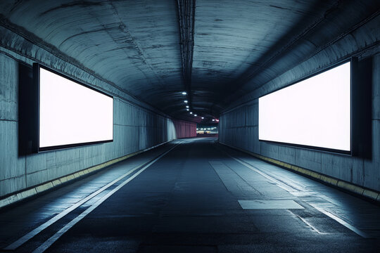 Fototapeta Blank billboard screen in futuristic tunnel with moody blue lighting, ideal for advertising or digital content mockup
