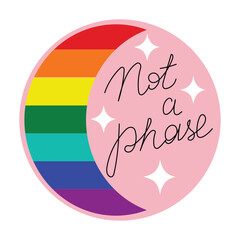 Circle shape badge with crescent moon in pride flag colors with editable hand written text. Hand drawn isolated vector illustration