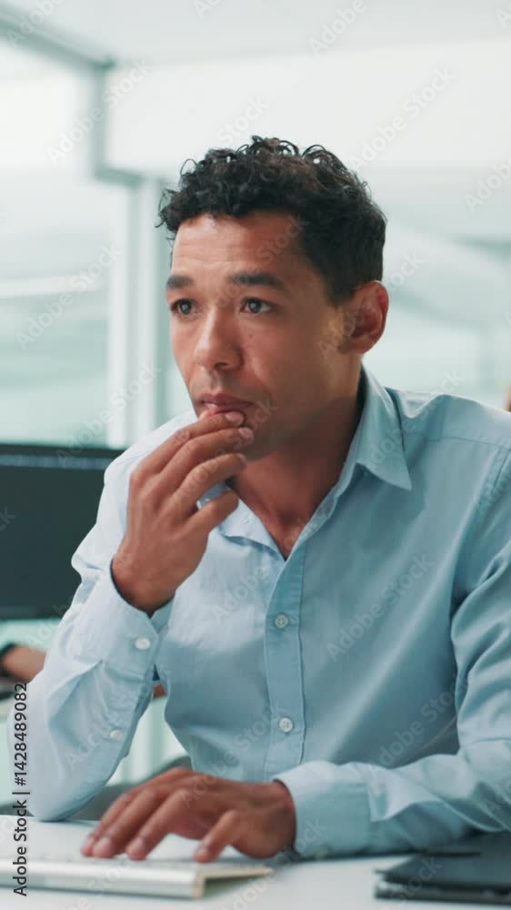 Aufkleber Man, software developer or thinking with computer for problem solving, UI design or UX at office. Male person, programmer or app designer typing with code for online web interaction or system update