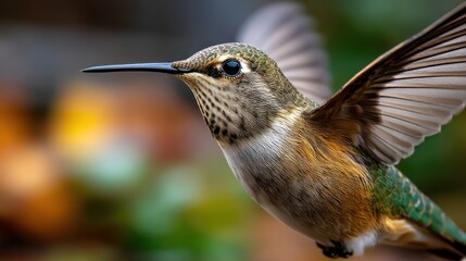 Fototapeta premium Close-up of a colorful hummingbird in mid-flight with detailed feathers and vibrant background