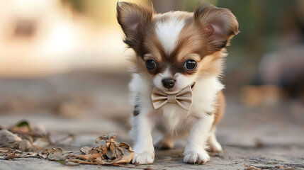 A small brown and white dog wearing a bow tie. Generated using AI.